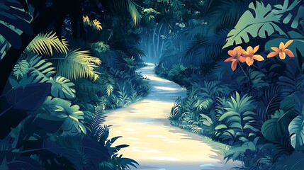 Lush jungle path winds through dense foliage.