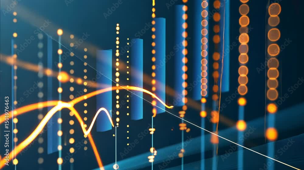 Poster busy stock market digital display with bar graphs and lines of data analysis, indicating financial t