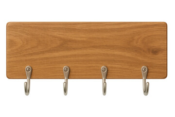 Wooden clothes hanger featuring four metal hooks, light brown, displaying hanging potential against transparent backdrop