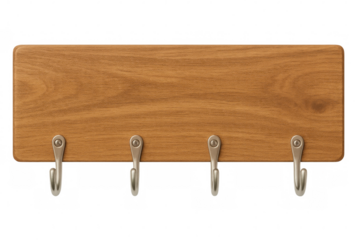Wooden clothes hanger featuring four metal hooks, light brown, displaying hanging potential against transparent backdrop