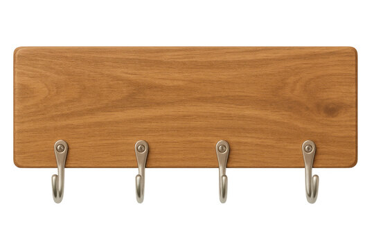 Wooden clothes hanger featuring four metal hooks, light brown, displaying hanging potential against transparent backdrop
