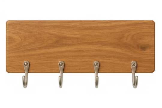 Wooden clothes hanger featuring four metal hooks, light brown, displaying hanging potential against transparent backdrop
