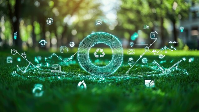 Sustainable technology concept, circular economy design, and green growth in nature. Circular data streams on a grassy field