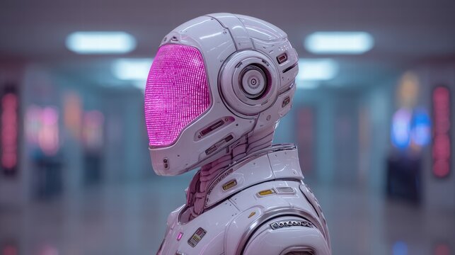 Artificial intelligence data processing AI ethics concept. A futuristic humanoid robot in a neon-lit corridor, showcasing advanced technology and design.