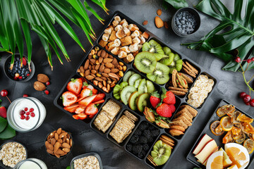 Snack Subscription Box Filled with Assortment of Exotic and Organic Vegan Snacks Including Fruit and Granola, Top View