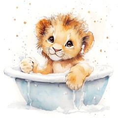 Cute lion cub taking a bath.