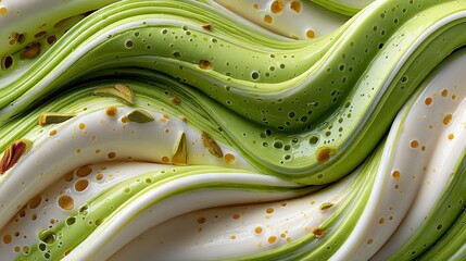   A close-up of a green and white object with gold dots on its wavy, wavy, wavy surface