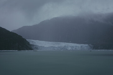 USA, Alaska, Glacier Bay National Park and Preserve, Tarr Inlet, Margerie - closeup of massive calving tidewater glaciers of the Fairweather Range on rainy grey day