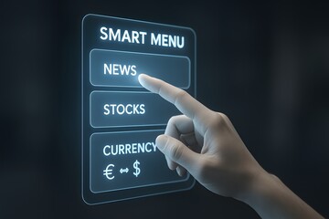 Navigating Smart Menu: A close-up shot of a hand interacting with a futuristic "Smart Menu" interface, with focus on options such as "News", "Stocks" and "Currency".