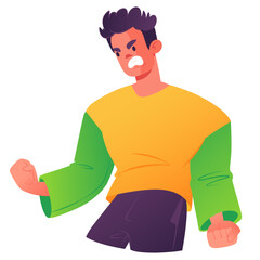 Very angry person, angry young man screaming with clenched teeth with a distorted angry face clenching his fists. Topic of emotional breakdown, burnout at work, uncontrolled anger, stress effects.