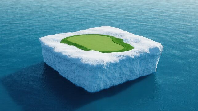 A small, green golf course sits atop a block of ice floating in a blue body of water.