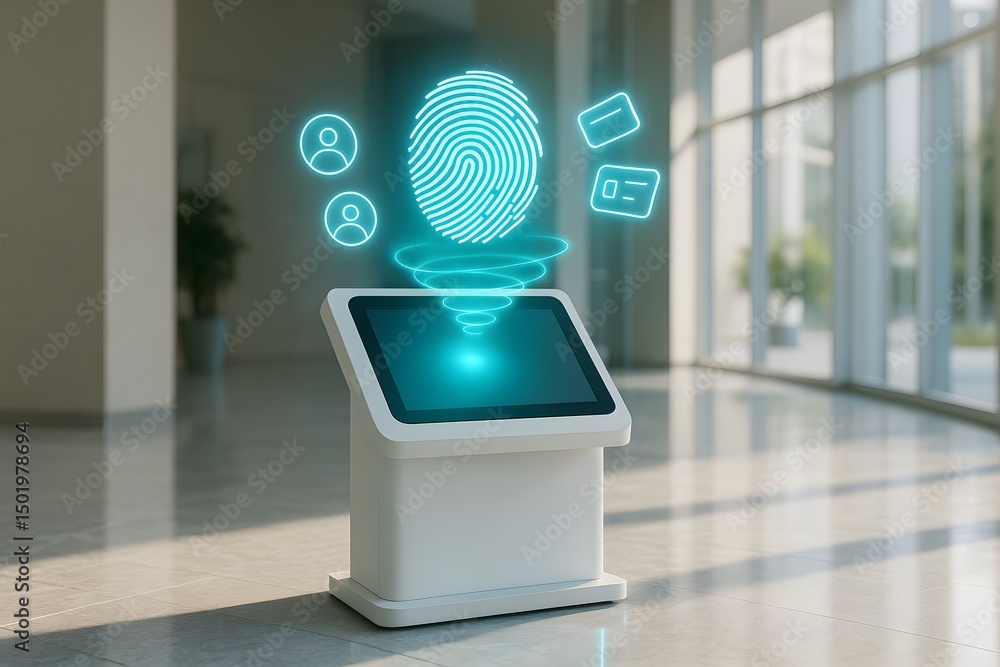 Poster digital identity at the threshold: a modern office setting showcases a futuristic biometric fingerpr