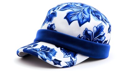 Fototapeta premium White cap with blue floral print and matching band. Features a structured crown and curved brim