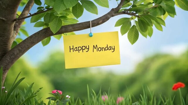 Happy monday greeting on yellow note hanging from tree branch outdoors