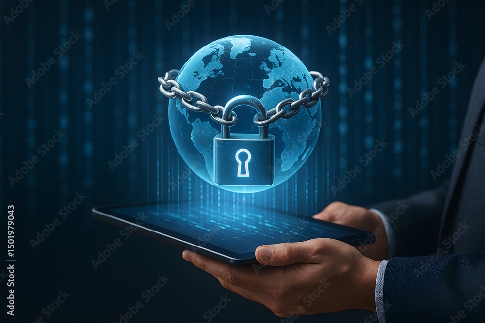 Poster cybersecurity fortress: a digital globe, encircled by a secure chain and lock, rests above a tablet 