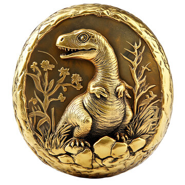 shiny embossed gold coin on clean white background, featuring a dinosaur hatching from an egg, photoreal metallic texture, cute style, no letters, no symbols, --raw