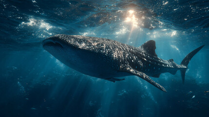 whale shark swimming under clear ocean surface with sunbeams shining through water, majestic marine wildlife scene highlighting peaceful underwater biodiversity in blue tropical sea
