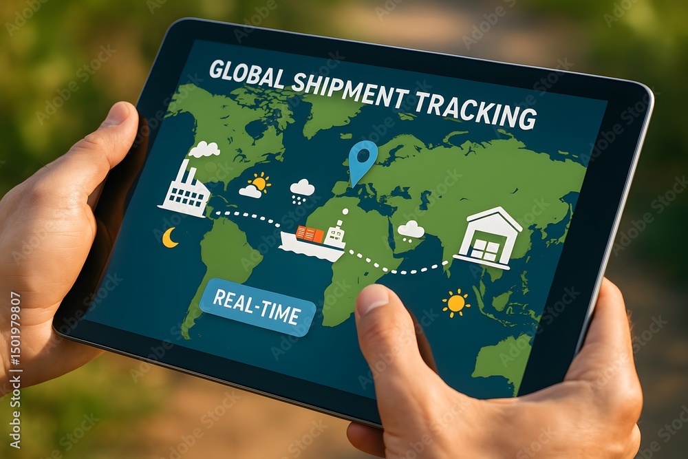 Poster a handheld tablet shows a colorful map with icons of factory, ship, and warehouse linked by dotted r