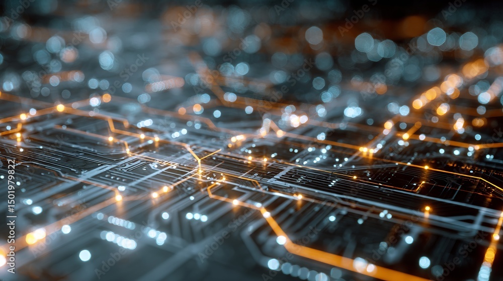 Poster abstract digital circuit board technology background orange glowing lines futuristic network design 