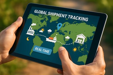 A handheld tablet shows a colorful map with icons of factory, ship, and warehouse linked by dotted routes. Concept of real-time logistics monitoring and supply chain transparency.