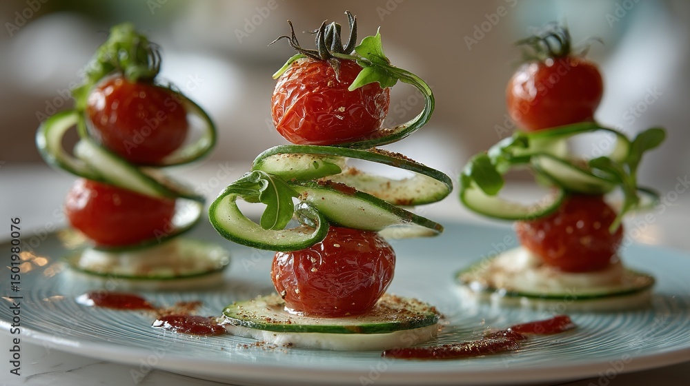 Poster a close-up of a plate with tomatoes and cucumbers on top of cucumber slices