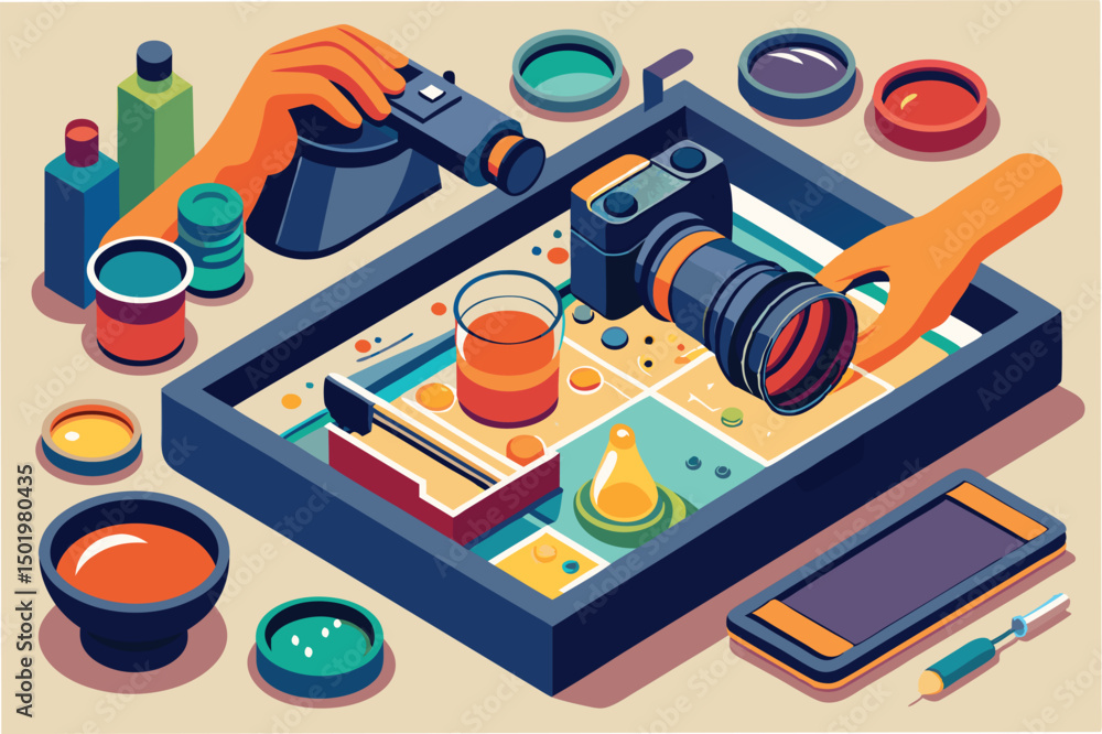 Poster Creative hand using a camera to capture vibrant vector illustrations and clipart elements in a colorful laboratory setup with various supplies