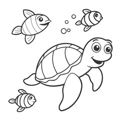 Simple Monochrome Cartoon Turtle & Fish – Underwater Vector Illustration