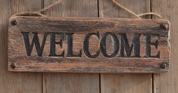 Rustic wooden welcome sign with rope hanger.