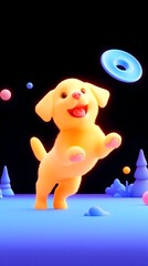Fototapeta premium A cheerful, cartoonish yellow puppy joyfully leaps to catch a vibrant blue ring against a dark, stylized landscape with colorful accents