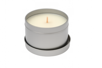 White candle with wooden wick burning inside silver tin container, isolated against transparent background