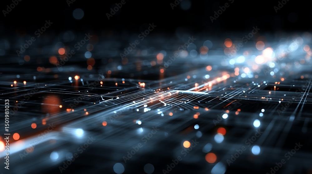 Poster abstract digital circuit board technology background futuristic network orange blue glowing lines mo