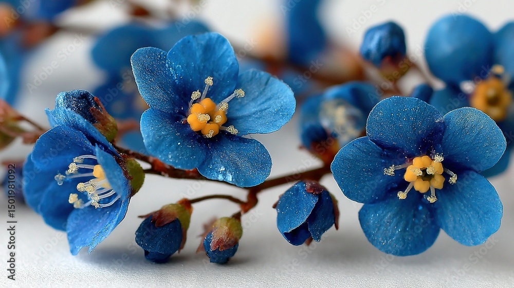 Poster a cluster of azure blooms resting atop a pristine table alongside one another