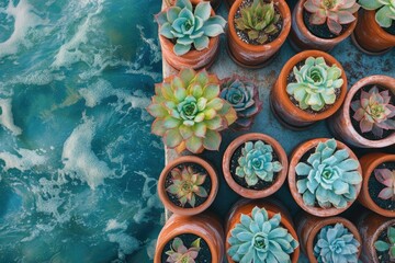 Succulent plants in terracotta pots are arranged next to blue water for a vibrant, natural contrast.
