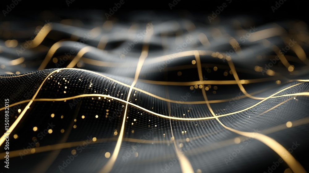 Poster a zoomed-in photo of a wallpaper featuring a mix of black and gold, with intricate patterns consisti