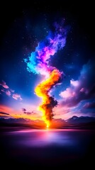Fototapeta premium Vibrant, swirling rainbow smoke plume erupts from a fiery base at sunset, reflected in a calm body of water against a starlit sky