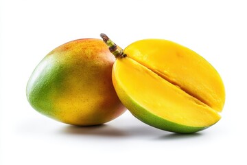 Whole and sliced yellow mango fruit isolated on white background