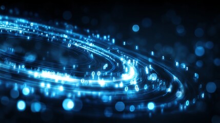 Abstract Digital Data Stream Swirling Blue Neon Technology Background Futuristic Binary Code Spiral Network Design Innovation Graphic Art Illustration Glow Cyber Space Light Lines 