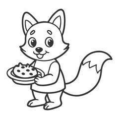 Cute Cartoon Fox with Big Eyes Holding a Cookie – Black & White Flat Illustration