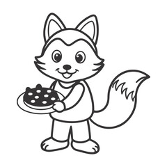 Obraz premium Anthropomorphic Cartoon Fox Holding Polka Dot Pie – Black & White Line Art