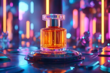 Orange perfume bottle on a reflective display platform.