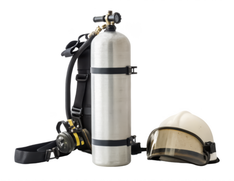 SCBA cylinder png self-contained breathing apparatus cylinder png firefighter air tank png breathing air cylinder png safety equipment png transparent background