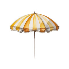 A yellow and white striped beach umbrella with a scalloped edge
