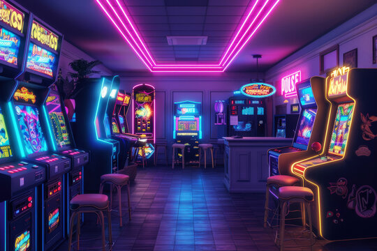 Fantasy Sci-Fi Inspired Arcade Gaming Lounge Interior with Classic Neon Arcade Games Lining Walls