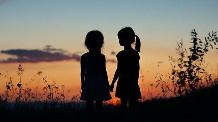 Two girls stand hand-in-hand at sunset.