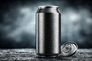 Chilled Beverage Can with Condensation Droplets on a Dark Background