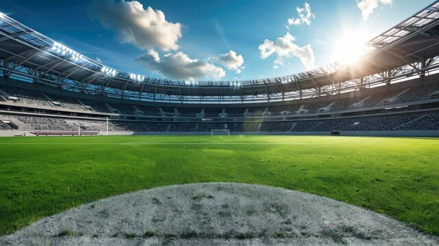 Grass and tribunes at stadium in summer, view of empty soccer field, line and sky. Concept of sport, ground, court.