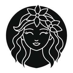 Floral Portrait of Woman – Minimalist Black & White Line Art in Circular Frame