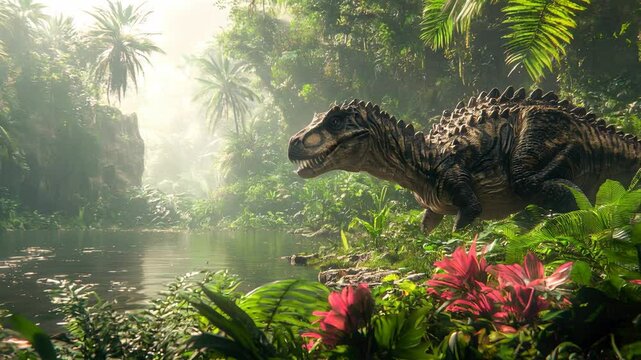 Dinosaur walks in tropical forest of Jurassic era, prehistoric animal in jungle near water. Concept of movie, predator, summer, landscape, extinct