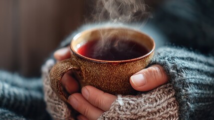 Warm Winter Hands Holding Steaming Hot Mug of Tea Cozy Comfort Brown Mug Relaxing Winter Day Hot Beverage Cozy Feeling Wintertime Relaxation cup cold home food fall drink image 