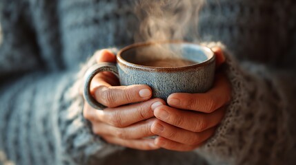 Warm Cozy Hands Holding a Steaming Mug of Hot Drink Winter Comfort Relaxation Peaceful Serene Atmosphere  Blue Grey Ceramic Mug Soft Knit Sweater  Close Up Image joy home life calm